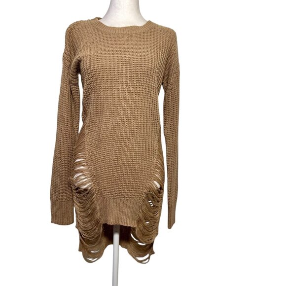 Brown Indie Grunge Boho Granola Nature Fairy Whimsigoth Distressed Knit Dress M - Picture 1 of 10